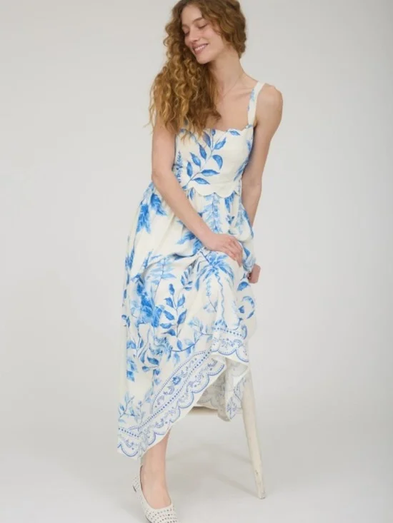 Leaf Print Scallop Detail Sleeveless Midi Dress - Picture 4 of 4